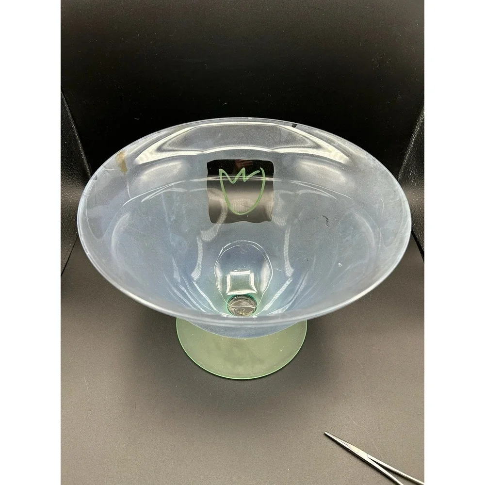Block Mouth Blown Crystal Art Glass Footed Bowl Frosted Blue Body Green Base